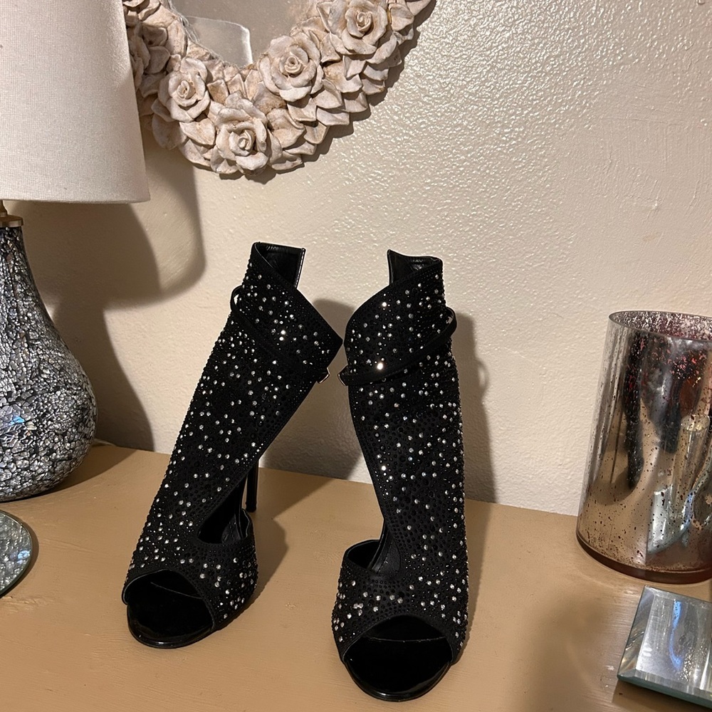 AKIRA Diamond lRhinestone Open Toe Open Side Cutout Bootie Heels